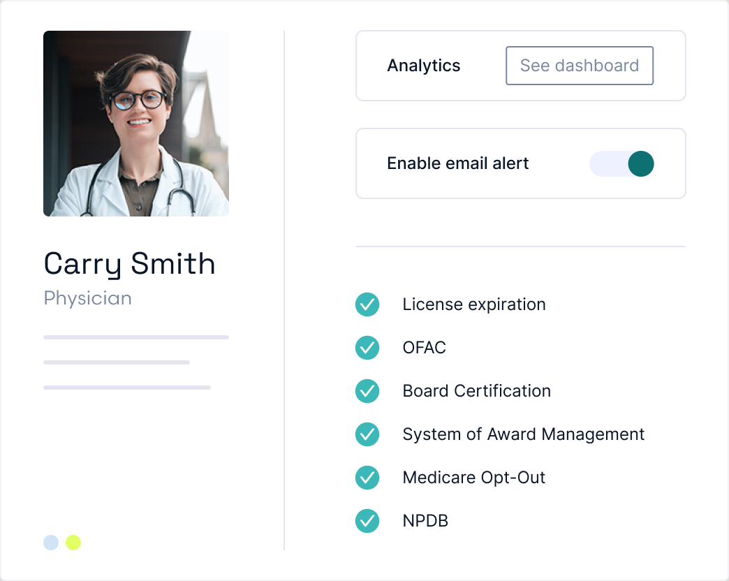 Monitoring settings for Carry Smith with alerts across OIG, SAM, NPDB, and more